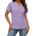 thumbnail image 2 of ClodeEU Women's V Neck Henley Short Sleeve Casual Tunic Top,Casual Solid Color Loose Fit Blouse Purple,Women's Plus M, 2 of 6