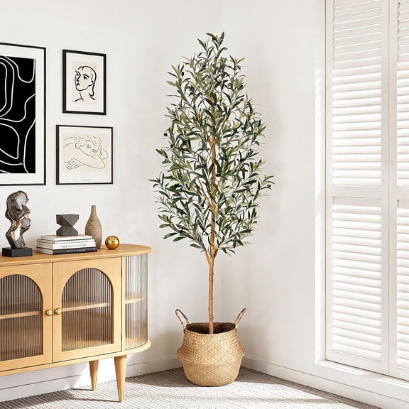 WJSP 6FT Olive Trees Artificial Indoor, Faux Olive Tree with Natural Wood Trunk, Lifelike Fake Plant with Seagrass Basket Included, Realistic Artificial Plants for Home Office Living Room Decor