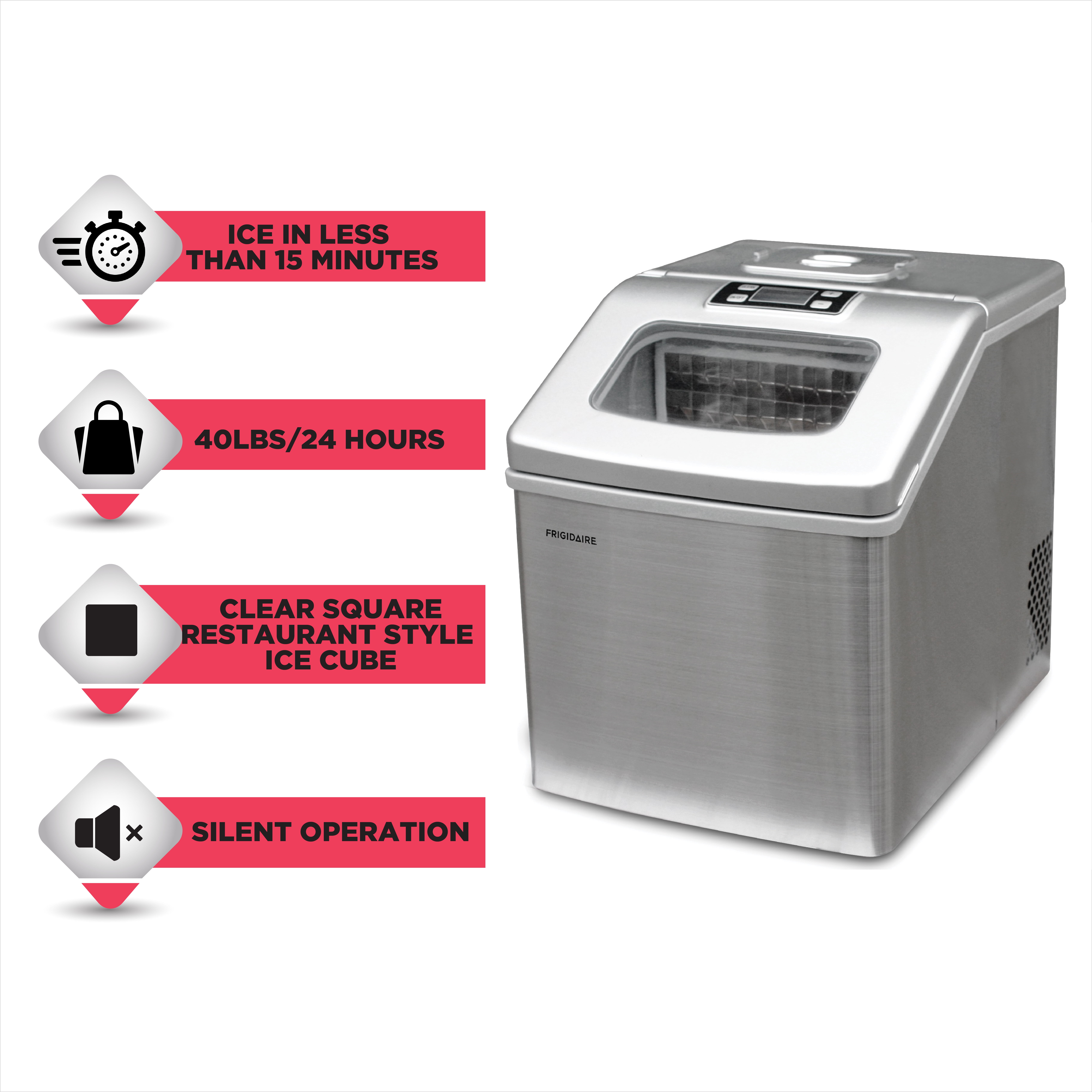 Frigidaire  40 lbs. Clear Ice Maker, Countertop Ice Machine with Square Ice for Home, Kitchen, Office, Bar, Stainless Steel