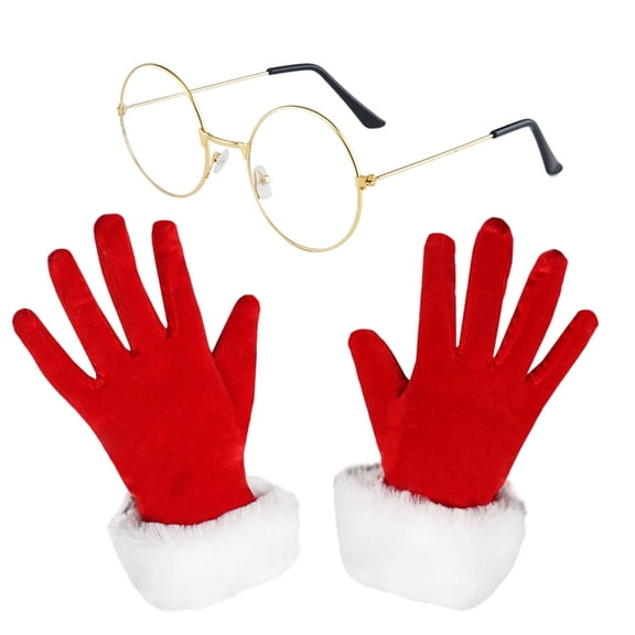 Forfamy 2 Pcs Santa Gloves and Glasses Set for Women Velvet Christmas Costume Accessories Christmas Santa Claus Cosplay Outfit