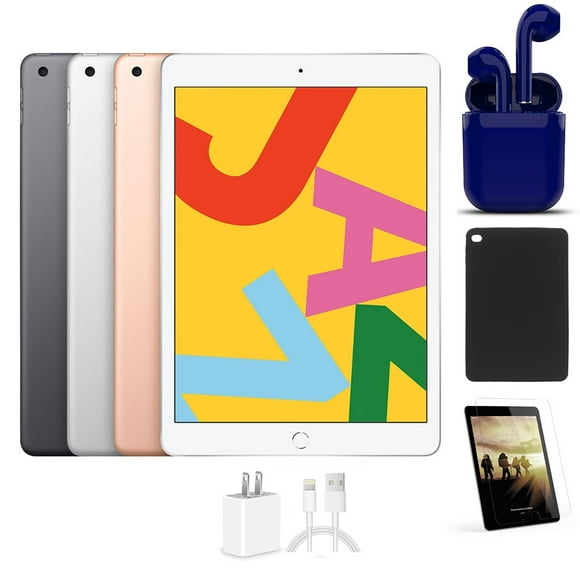 Refurbished Apple iPad 10.2-inch Retina Newest OS 32GB Wi-Fi Only Bundle: Pre-Installed Tempered Glass, Case, Rapid Charger, Bluetooth/Wireless Airbuds By Certified 2 Day Express (Refurbished)