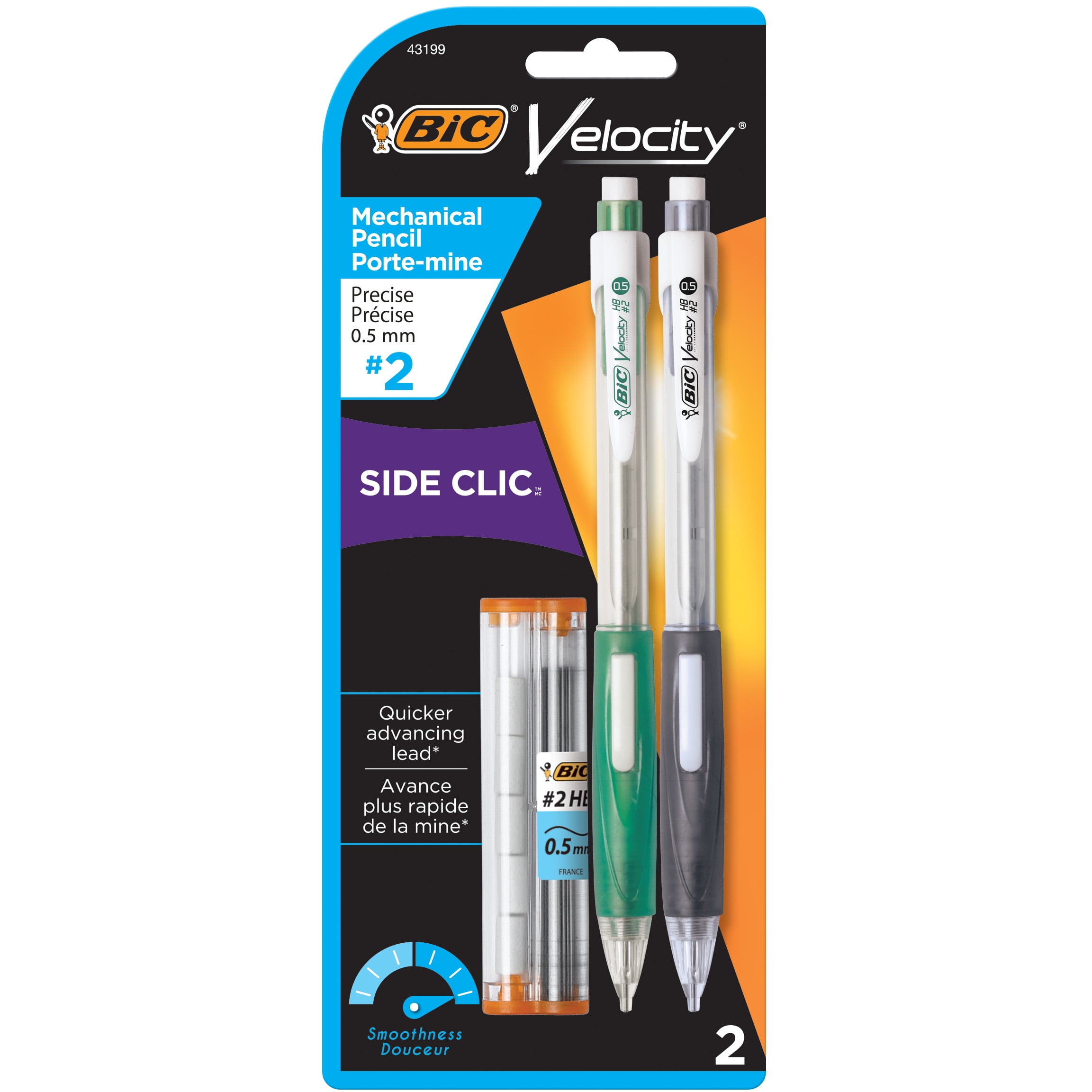 BIC Velocity® Side Clic™ Mechanical Pencil, 0.5 mm, Black, 2 Pack
