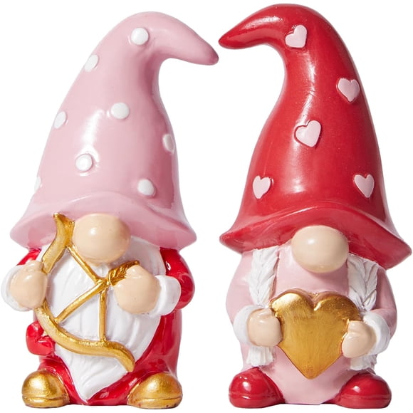 Valentine's Day Gnomes Figurine Decorations, Gnomes Gifts for Women, Pink & Red Resin Gnome Statues Decor with Cupid Arrow & Heart for Wedding Party Mantle Table Home Decor