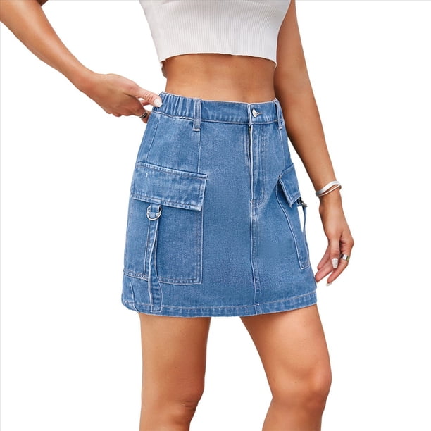 Vestido Vaquero con Minifalda Cargo para Mujer con Bolsillo Azul Vaquero L