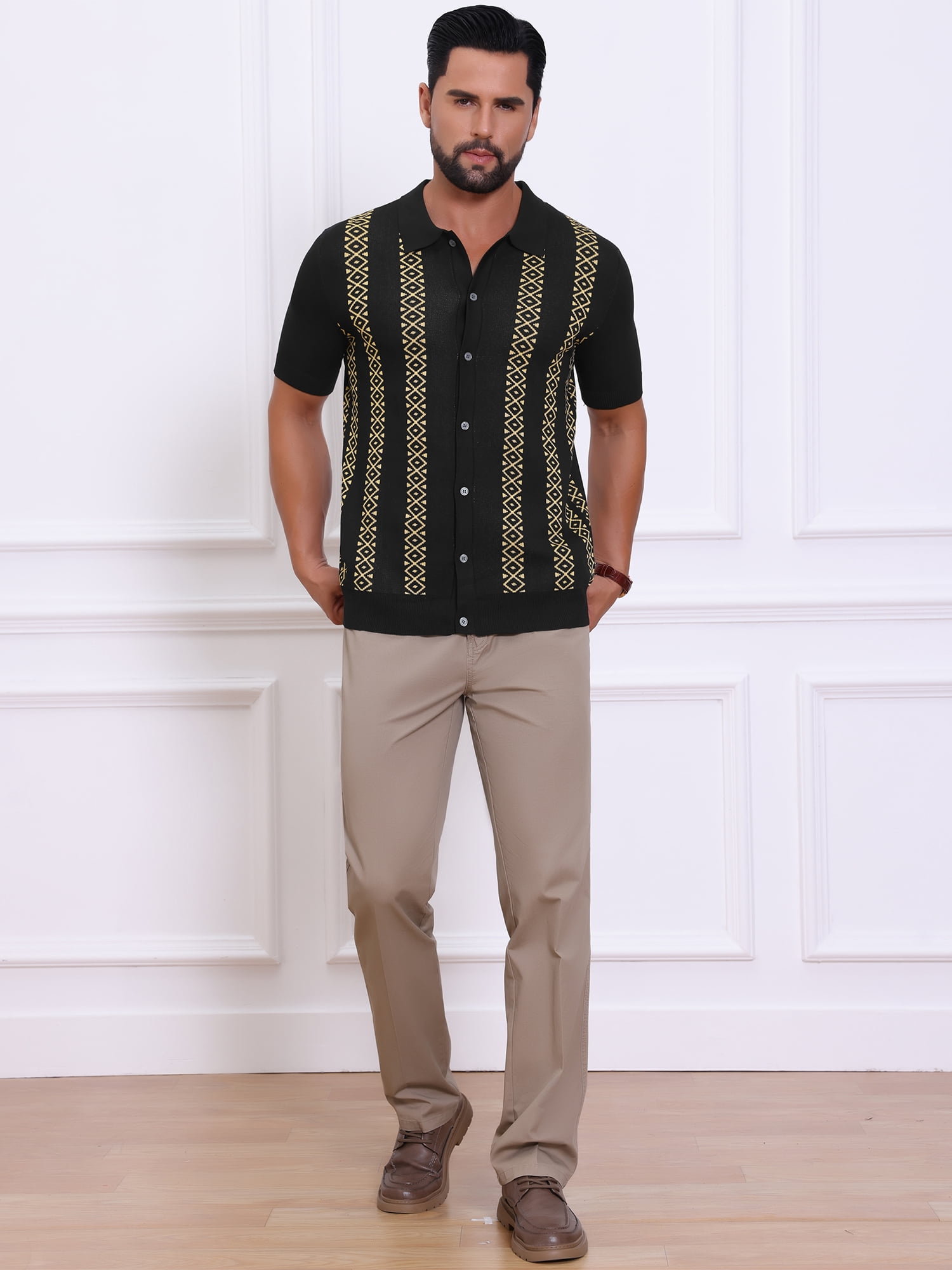 DARING DIVA Men's Jacquard Short Sleeve Button Down Knitted Golf Polo Shirts 2XL Black