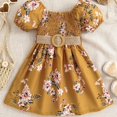 thumbnail image 1 of Toddler Girls Floral Graphic Puff Sleeve Shirred Belted Princess Dress For Party Beach Vacation Kids Summer Clothes, 1 of 1