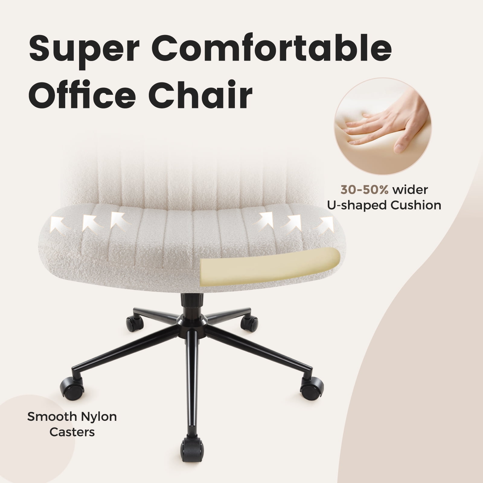 White Criss Cross Chair with Wheels, Armless Wide Seat Office Chair, Teddy Fabric,Cross Legged Desk Chair,Height Adjustable Computer Task Chair,Swivel Vanity Chair for Bedroom,Make Up,Small Space