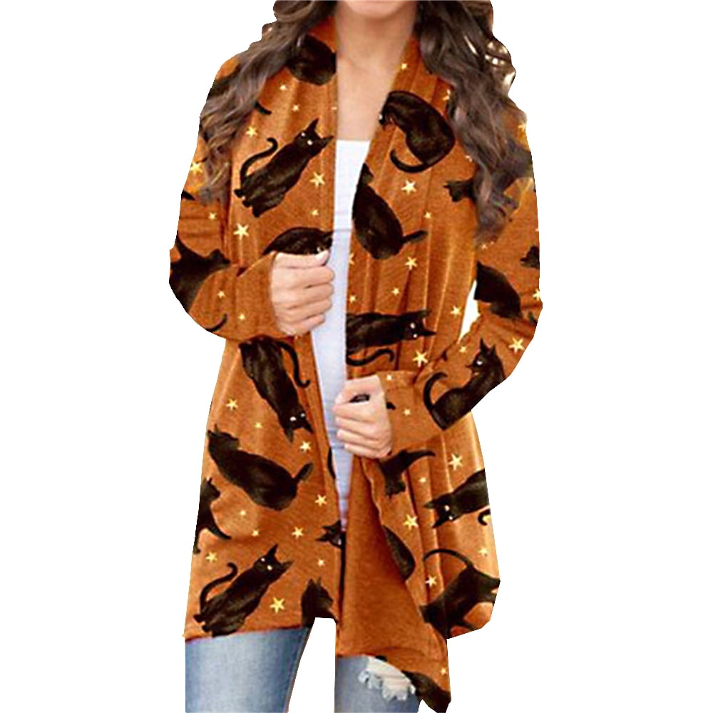 Womens Pumpkin Cat Cardigan Halloween Long Sleeve Open Front Knit Sweater Overwear Coat Plus Size Sweatshirt.S-5XL Yellow 