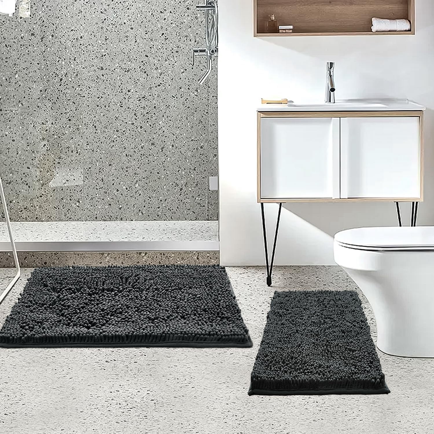Bathroom Rugs Sets 2 Piece, Ultra Soft Absorbent Bath mat Chenille Bathroom Rug, Antiskid Bath mats Washable Bathroom mat (20x32 inch + 16x24 inch) Dark Gray