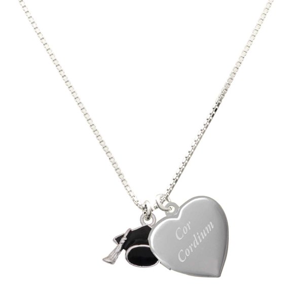 Delight Jewelry Silver Plated 3-D Graduation Hat - Engraved Cor Cordium Heart Locket Necklace, 17.5" 2" Extender