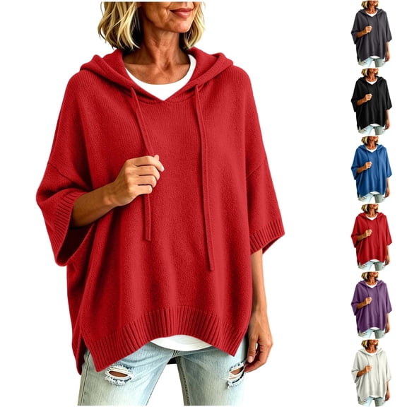 Nugftut Plus Size Hooded Sweaters for Women Poncho 3/4 Batwing Sleeve Loose Knitted Hoodie Pullover Sweaters