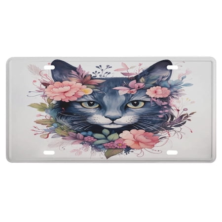 License Plate Covers FLoral Cat Cute Cat Kitten Auto Car Tag Aluminum Home Wall Automobile Bar Garage Man Cave Decoration for Women Men 6 Inch X 12 Inch