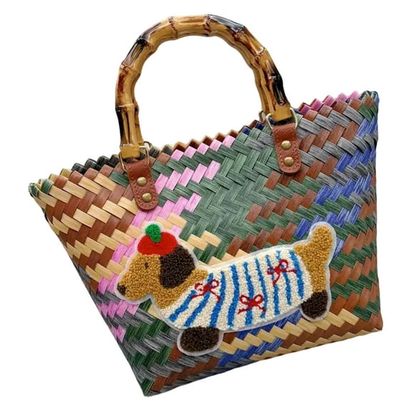 ROZYARD Unique Dachshund Themed Beach Bag with Practical Multicolor Weaving Handbag