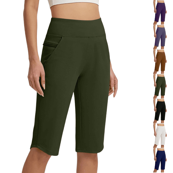 Womens Bermuda Long Shorts Knee Length Capris Pull on Petite High Waisted Athletic Shorts with Pockets Summer Stretch Loose Jeggings Dark Green S