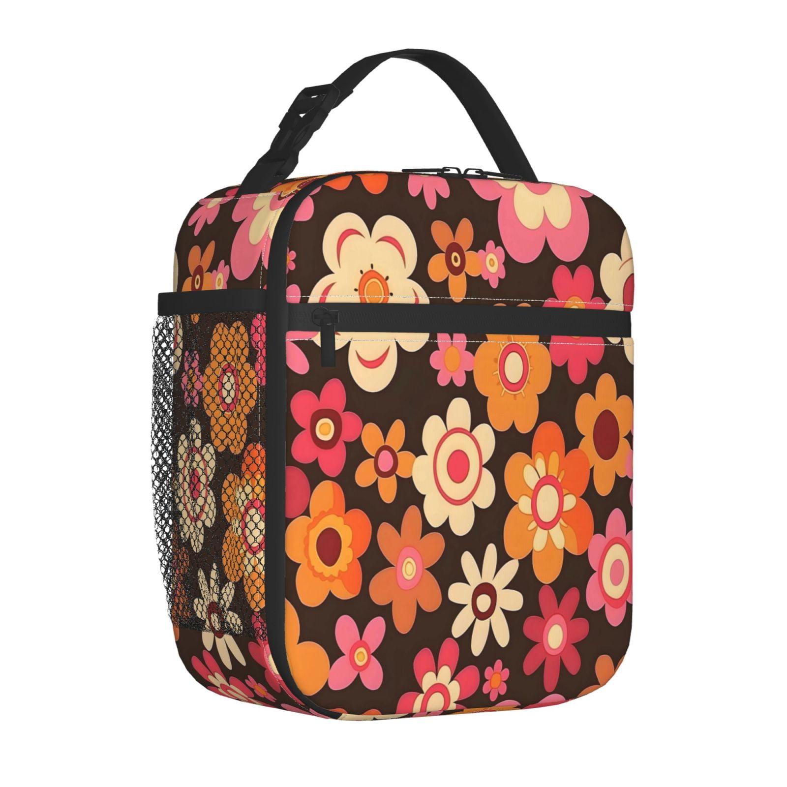 Lunch Bag For Women Men Insulated Portable Lunch Box Bento Box Office Picnic Travel Cooler Bag Retro Groovy Flowers Pattern (10)