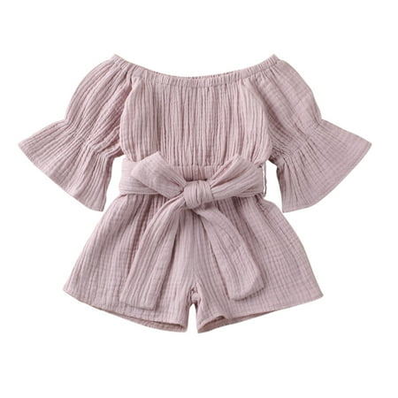 

Qiylii Baby Girls Playsuit Solid Color Off shoulder Short Flared Sleeves Romper