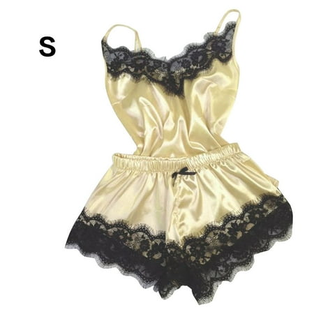 

Women Sexy Lace Mesh Sleepwear Pajama Adjustable Strap and Top Set Shorts Shoulder