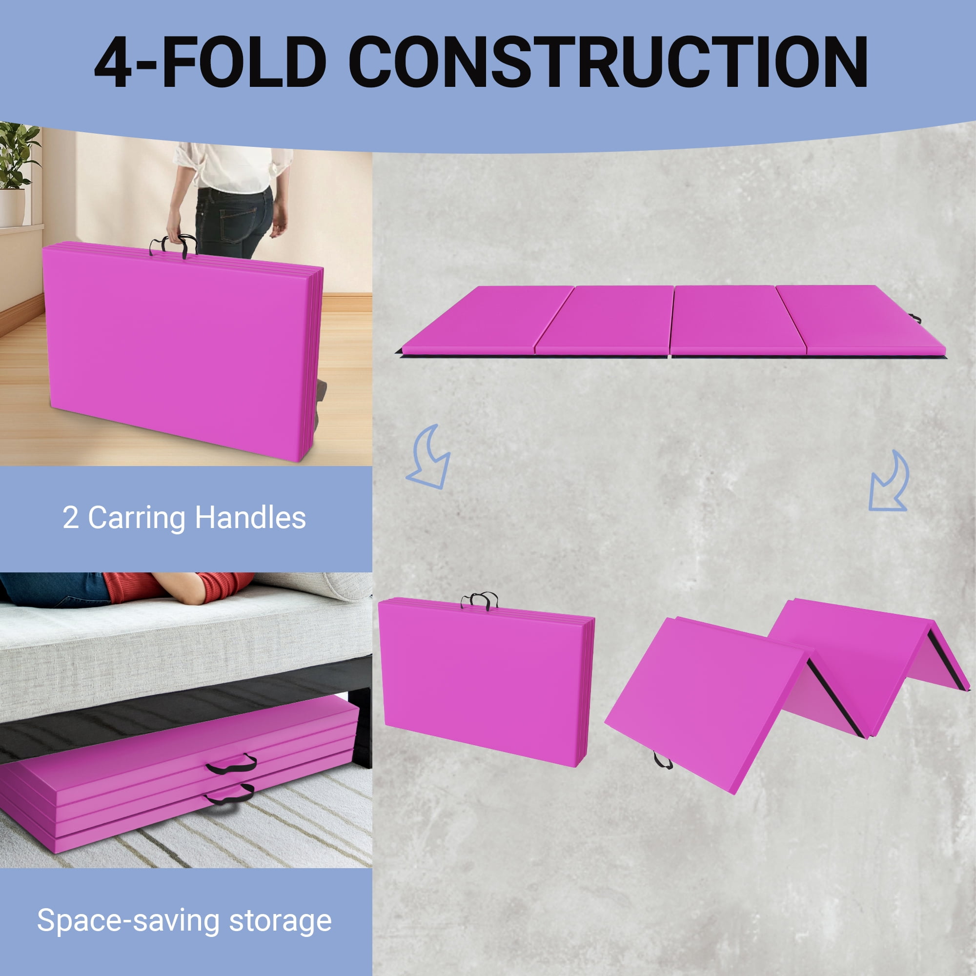 BalanceFrom Versatile 4'x8'x2" High-Density Gym Mats - Extra Thick, Anti-Tear, Easy-Clean, Foldable for Aerobics, Yoga, Martial Arts, with Durable Vinyl and Velcro, Pink