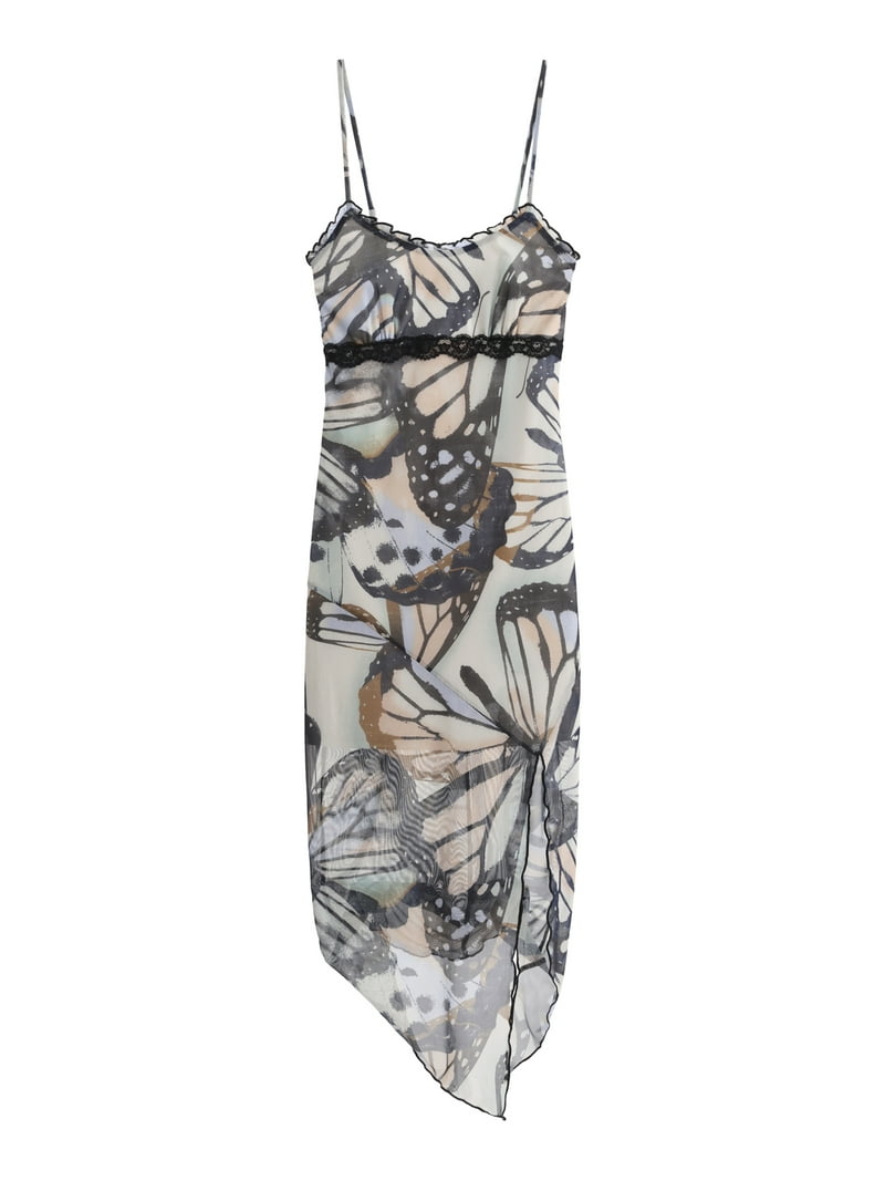 No Boundaries Butterfly Print Mesh Midi Dress, Womens XXS-XXL