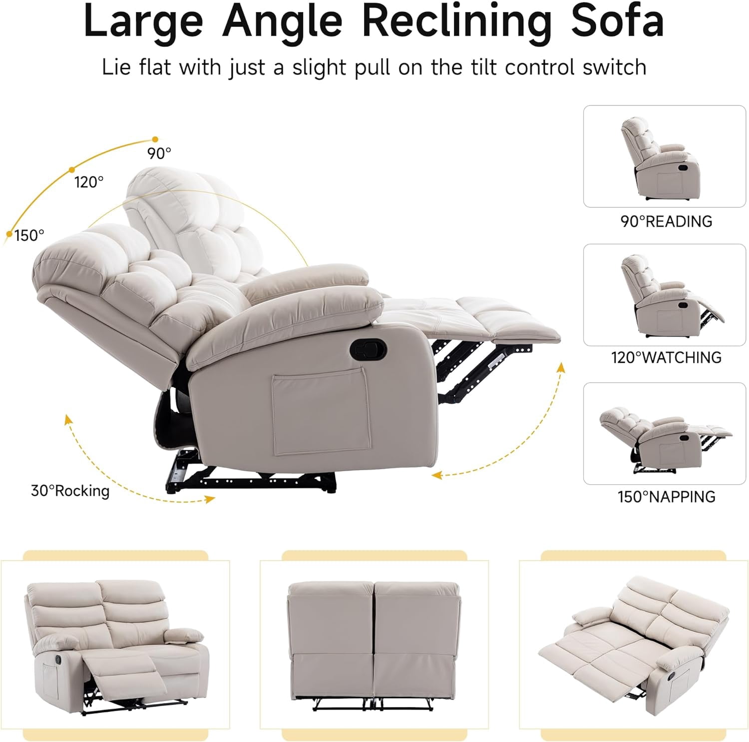 Chizzysit Loveseat Recliner Chair, Leather Double Reclining Chairs for Adults ,Love Seat Couches Sofa for Small Spaces Living Room, RV, Home Theater - Beige