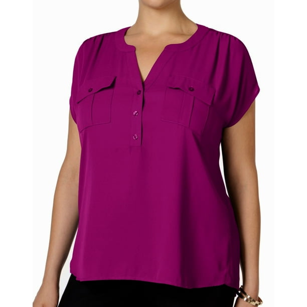 INC Womens Blouse Purple Plus Split Neck Henley Mixed Media 69 1X