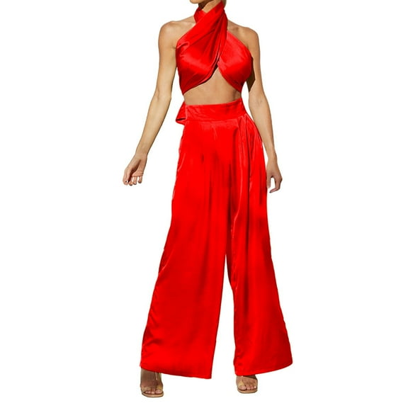 ZAZYULZ Two Piece Sets for Women Women's 2 Piece Outfits Sexy Halter Neck Criss Backless Crop Top Solid High Waist Wide Leg Pants Set(Red,Xl)