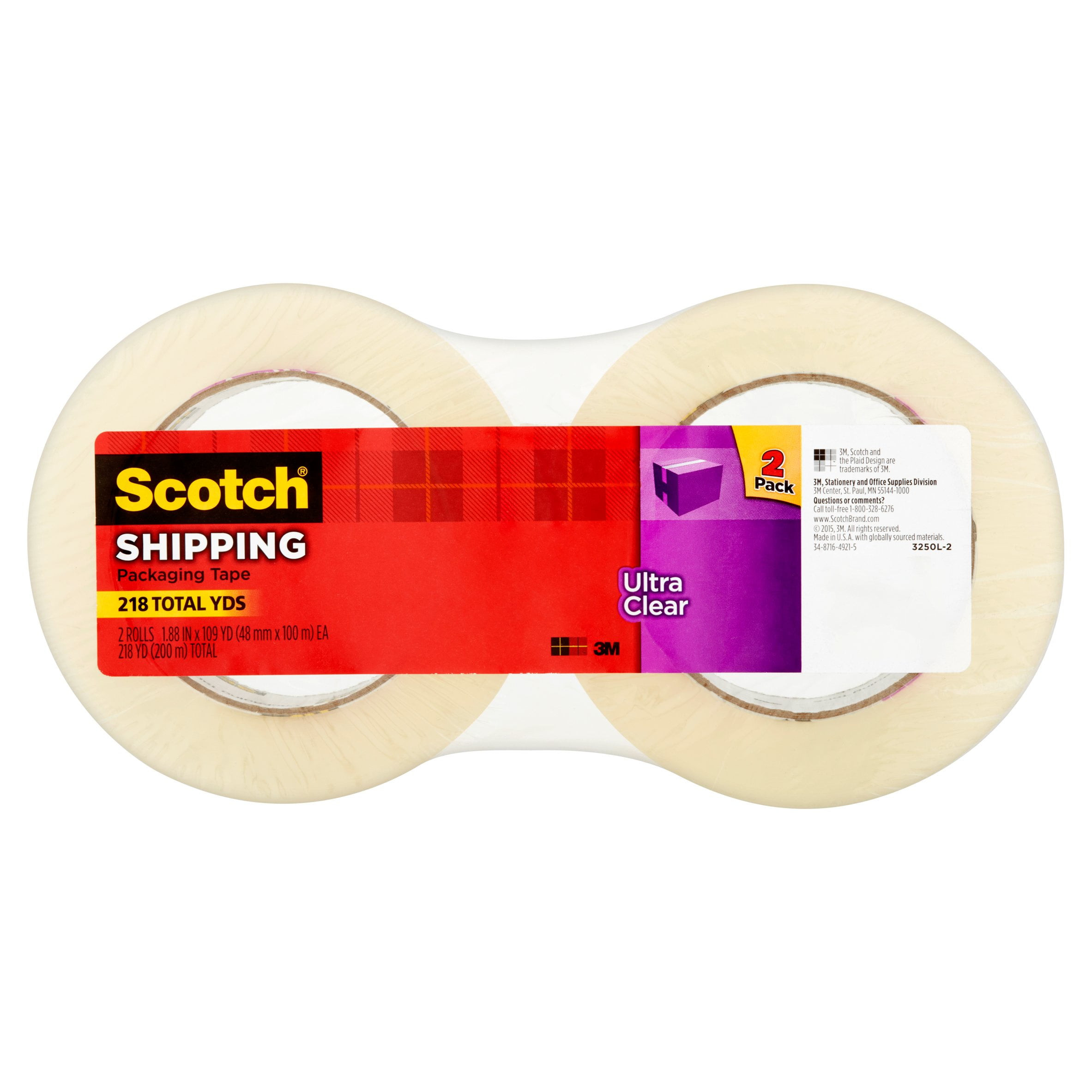 Scotch Ultra Clear Shipping Packaging Tape, 1.88' x 109 yd, 2 Per Pack
