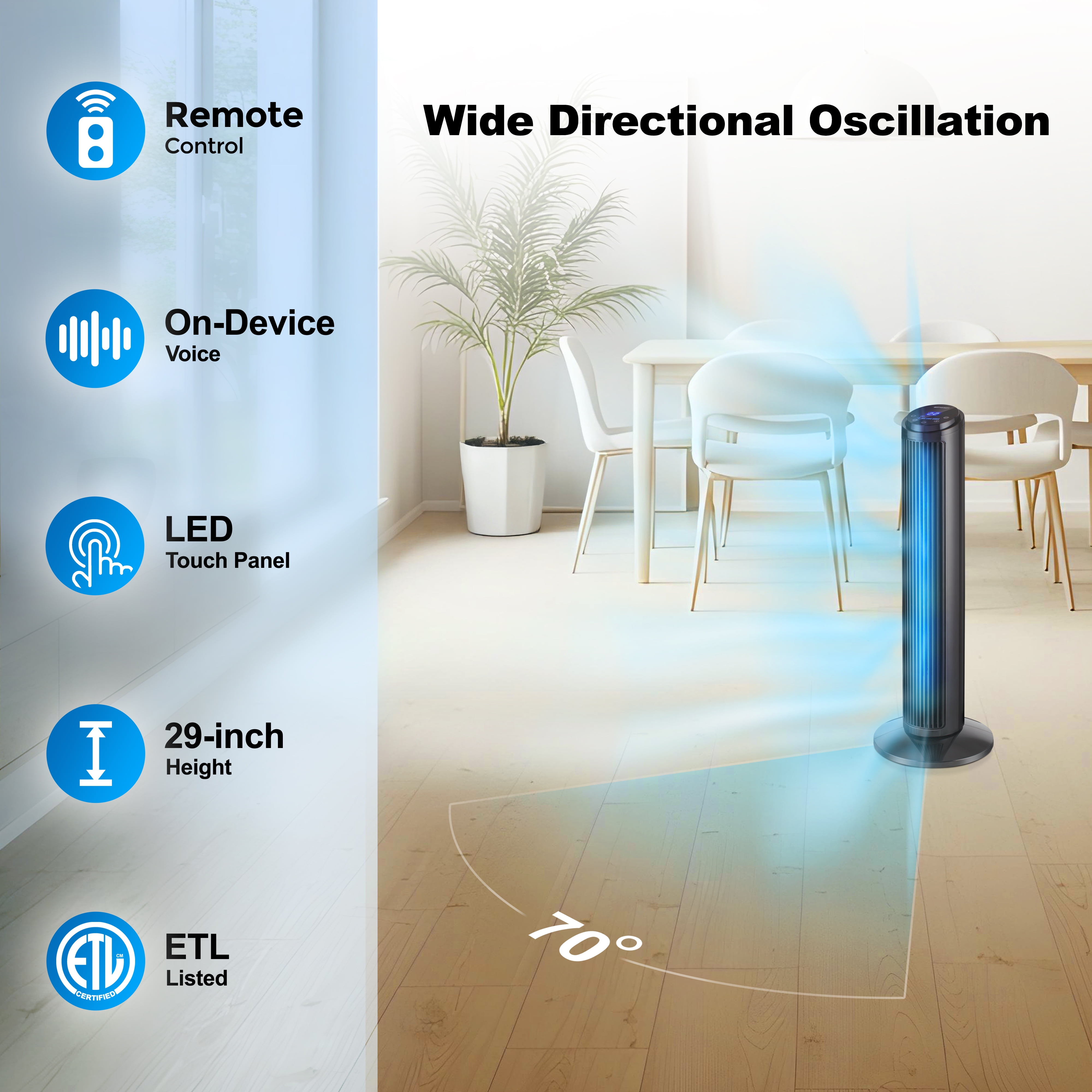 Emerson SmartVoice 29" Bladeless Tower Fan – Quiet 70° Oscillating Fan with Offline Voice Control, 3 Speeds, 15-Hour Timer, Sleep Mode, Remote Control