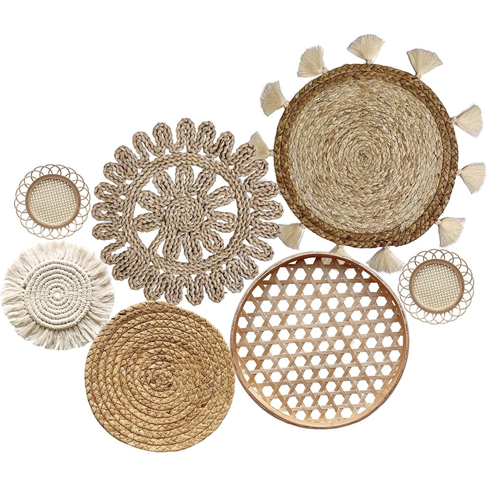 Set of 7 Boho wall decorations, hanging wall basket, natural woven