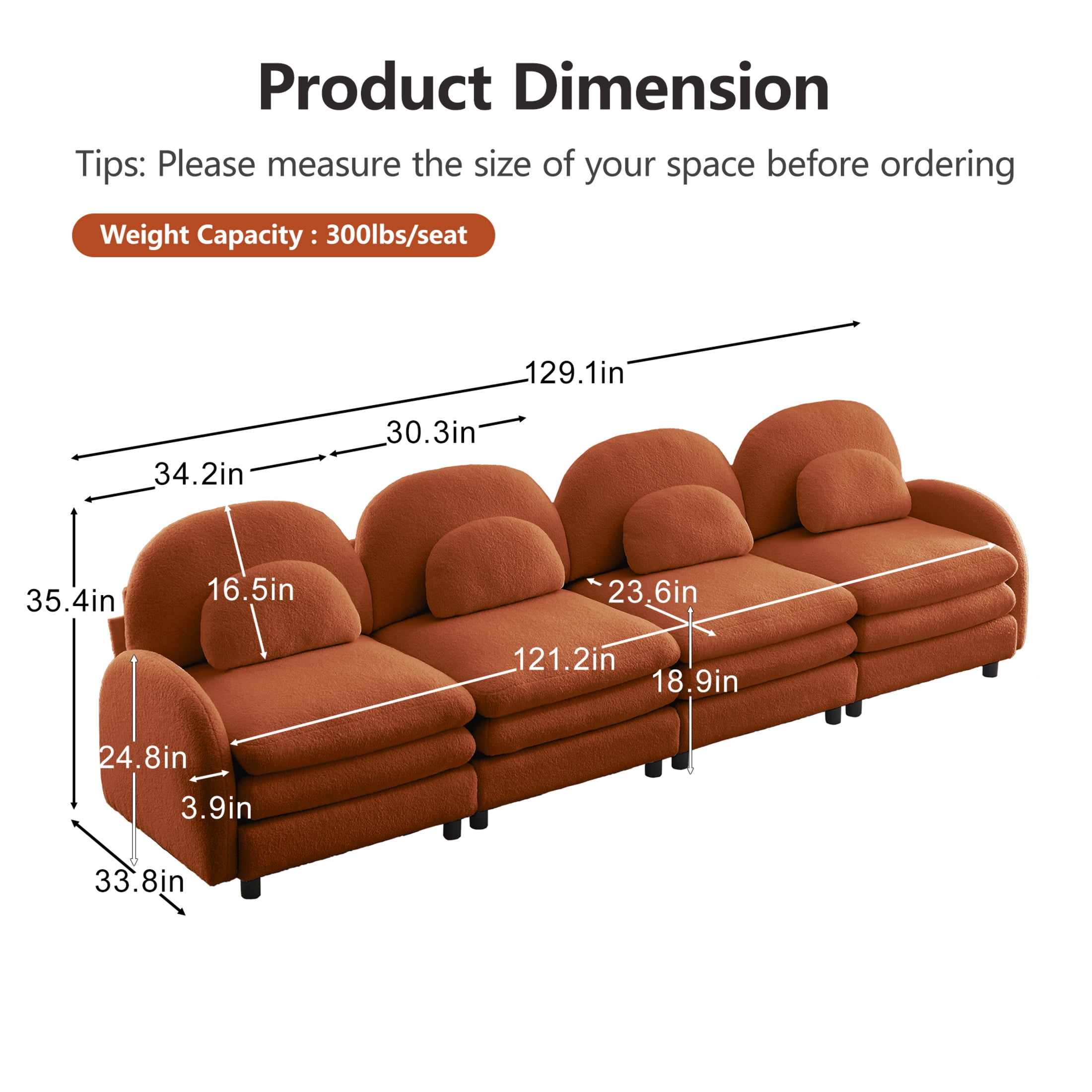 Noble House Windsor Teddy Fabric 4-Seater Sectional Sofa, Modular Cloud Couch with Lumbar Pillows, Orange