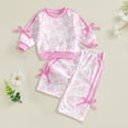 thumbnail image 2 of Ulanda Baby Girl Clothes Fall Winter Toddler Girls Outfits Long Sleeve Ruffle Printed Bows Shirt Pants 2 Piece Clothing Set (Pink, 12-18 Months), 2 of 4