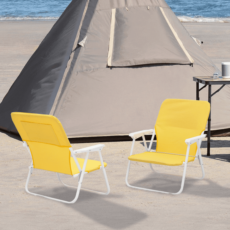 MoNiBloom Portable Beach Chairs Set of 2, Foldable Camping SEATS with Armrests & Back Pocket, for Outdoor Patio Lawn, Lemon Yellow