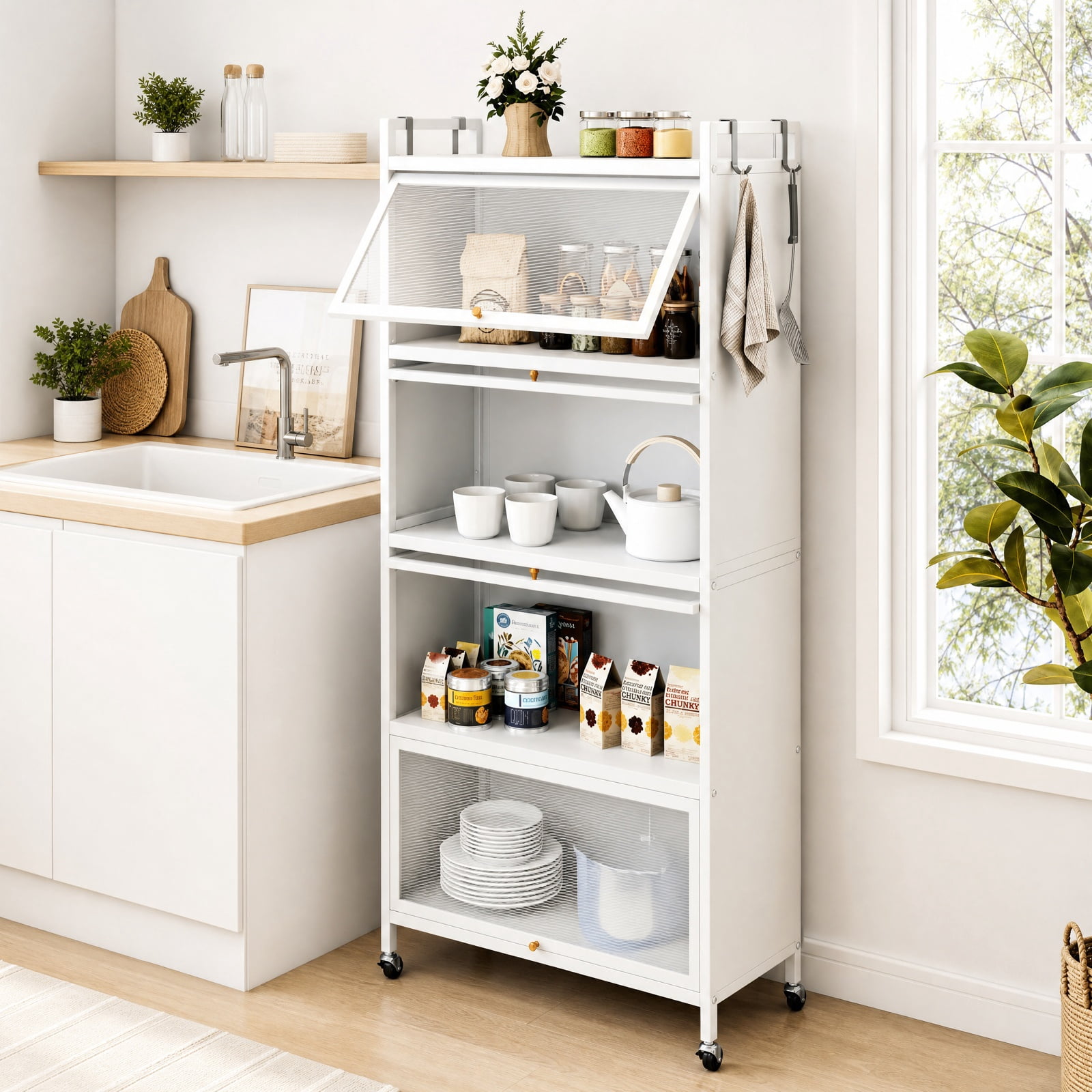 Furnibear 5 Tier Kitchen Storage Cabinet with 4 Flip Up Doors Rolling Wheels and Hooks Tall Metal Pantry for Kitchen and Garage, White