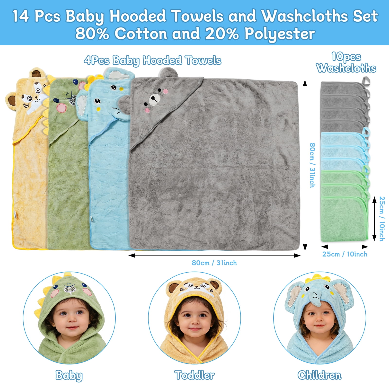 14 PCS Baby Towels, 4 PCS Soft Hooded Baby Towels & 10 PCS Washcloths, Baby Bath Towels for Newborns, Infants & Toddlers- Ultra Absorbent, Cute Baby Towel Gift for Boys