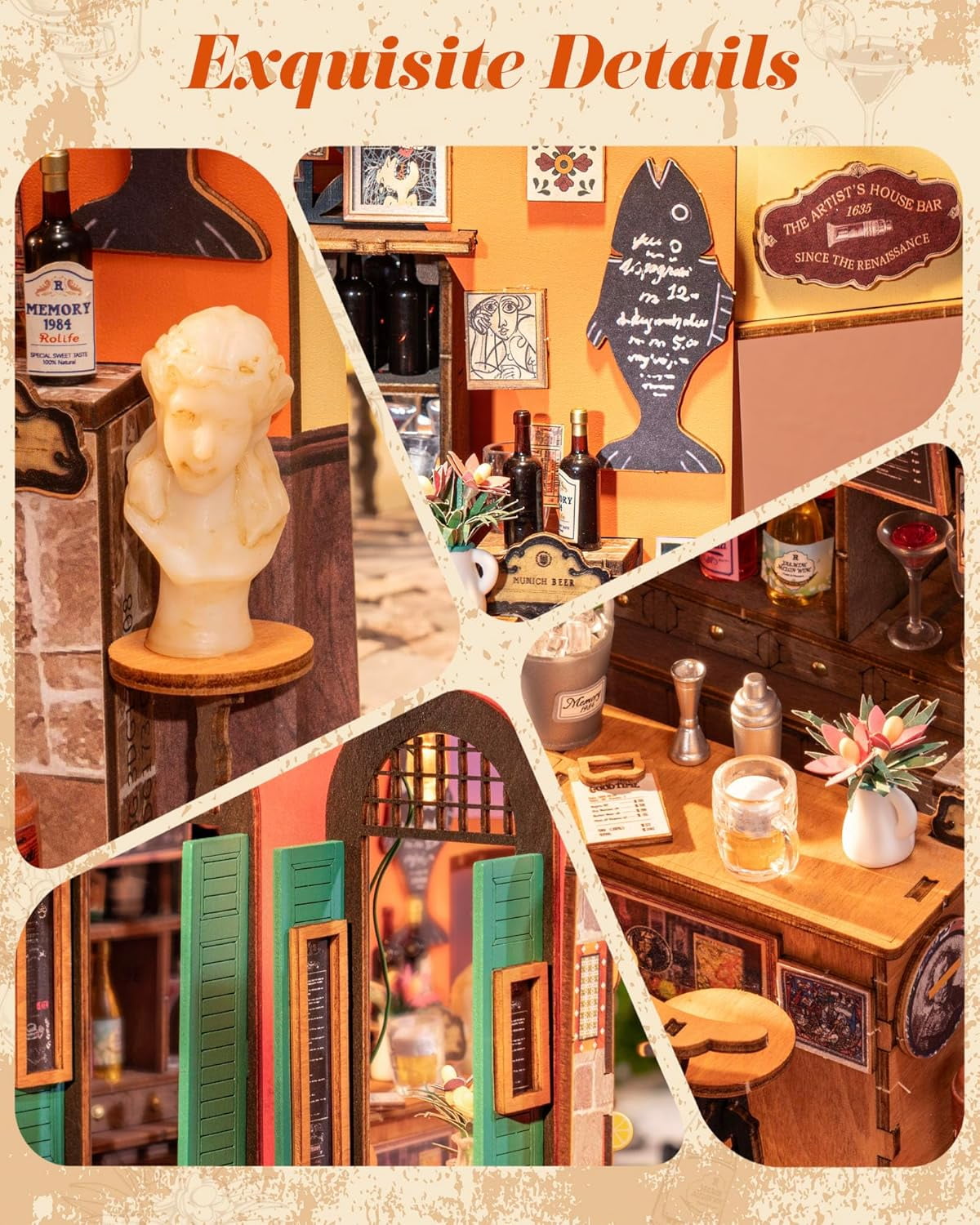 ROBOTIME Cheers Bar DIY Miniature House Kit,Mini Wooden Dollhouse Craft Kits,Tiny Home Model Building Sets for Desk Decor,Xmas Gifts for Adults Teens