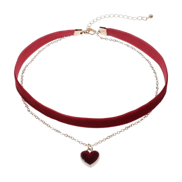 Collar gargantilla de terciopelo rojo vino con cadena de clavícula para mujer