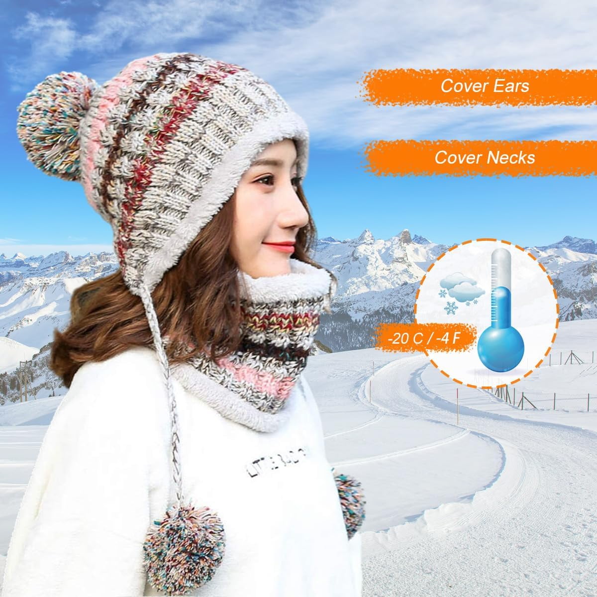 Zhengup Women Winter Beanie Hat Circle Scarf Set Pompoms Peruvian Ski Snow Ear Flaps Sherpa Knit Hats Fleece Lined,S to M Size Head