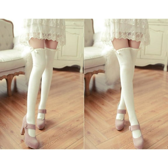 JeashCHAT Wavy Lace Ribbon Bow Stockings Knee High Socks Cotton Bottoming Socks Women