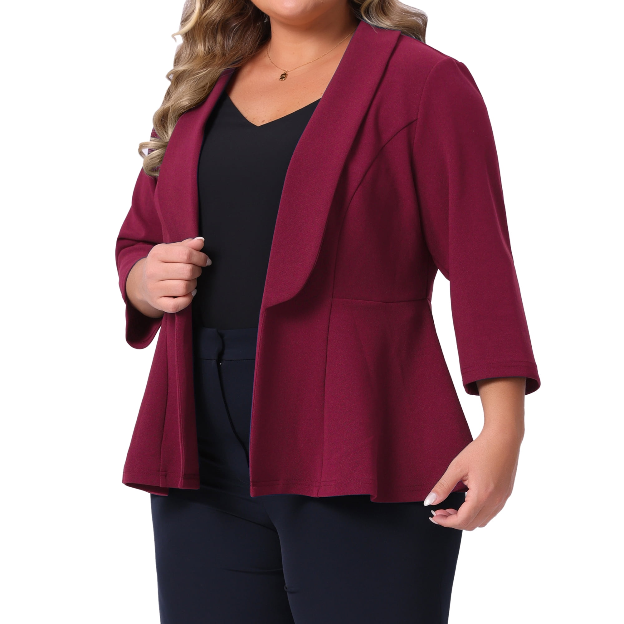 DARING DIVA Women's Plus Blazer Sleeve Open Front Peplum Work Suit Jacket 3X Burgundy