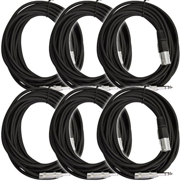 Seismic Audio  - 6 Pk of Black 25 Ft XLR Male to 1/4" TRS Patch Cable Snake Cords Black - SATRXL-M25Black-6Pack