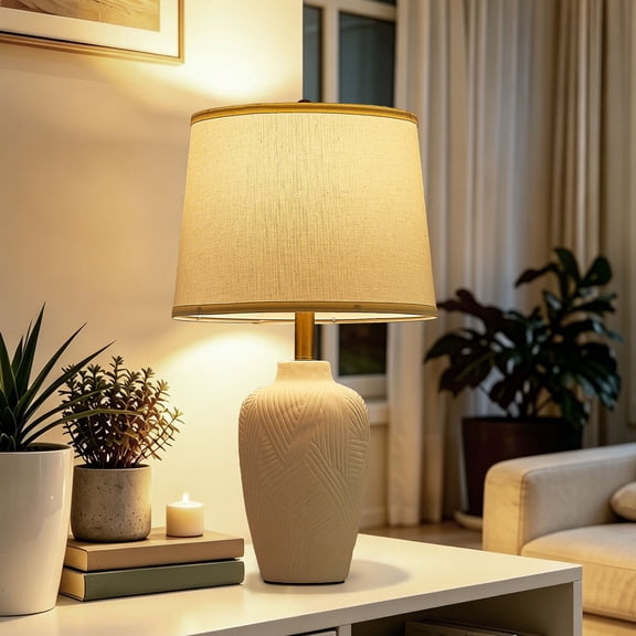 23" Cream White Ceramic Lamps, 3-Way Dimmable Touch Ceramic Table Lamp for Bedroom,Rustic Farmhouse Bedside Lamp With Linen Shade,Bedside Nightstand Lamp for Living Room, Office, Entryway