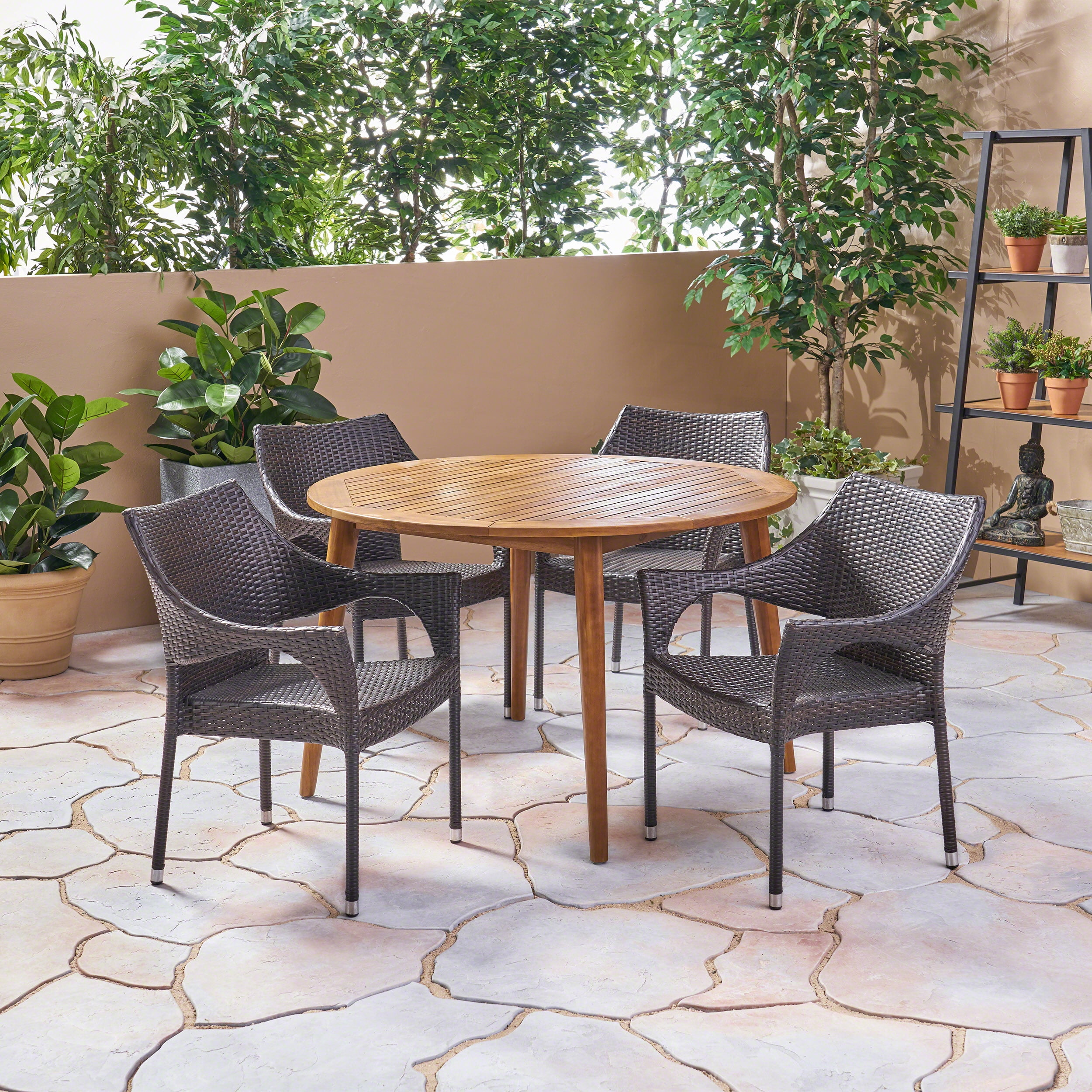 Lindsey Outdoor 5 Piece Wood and Wicker Dining Set, Teak, Multi Brown