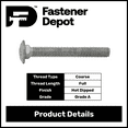 thumbnail image 2 of 1/4"-20 x 1-1/4" Hot Dipped Galvanized Carriage Bolt, Grade A, Full Thread, Quantity 100 - by Fastener Depot, LLC, 2 of 6