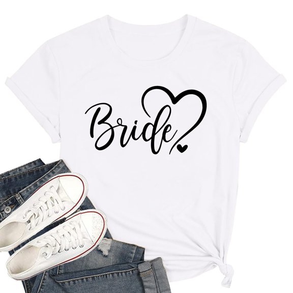 XIAOCHA Women's Bride Heart Letter Print T Shirt Crew Neck Short Sleeve Wedding Party Casual Tee