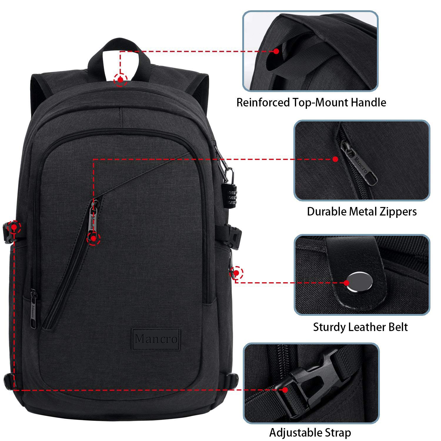 Anti Theft Business Laptop Backpack with USB Charging Port Fits 15.6 inch Laptop, Slim Travel College Bookbag for MacBook Computer, School Computer Bag for Women & Men by Mancro (Black) - image 5 of 7