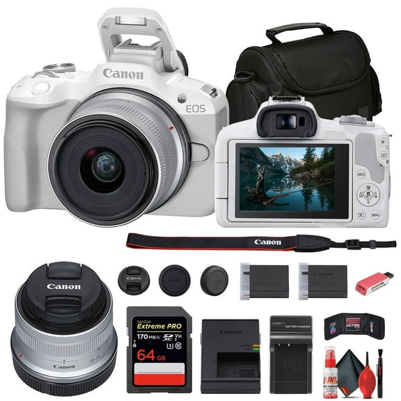 Canon EOS R50 Mirrorless Camera with 18-45mm Lens (White) (5812C012)   64GB Memory Card   Bag   Charger   LPE17 Battery   Card Reader   Memory Wallet   Cleaning Kit (International Version)