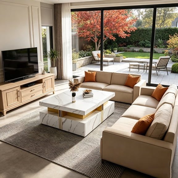 AUU Modern Square Coffee Table with 4 Drawers, Storage Table for Living Room