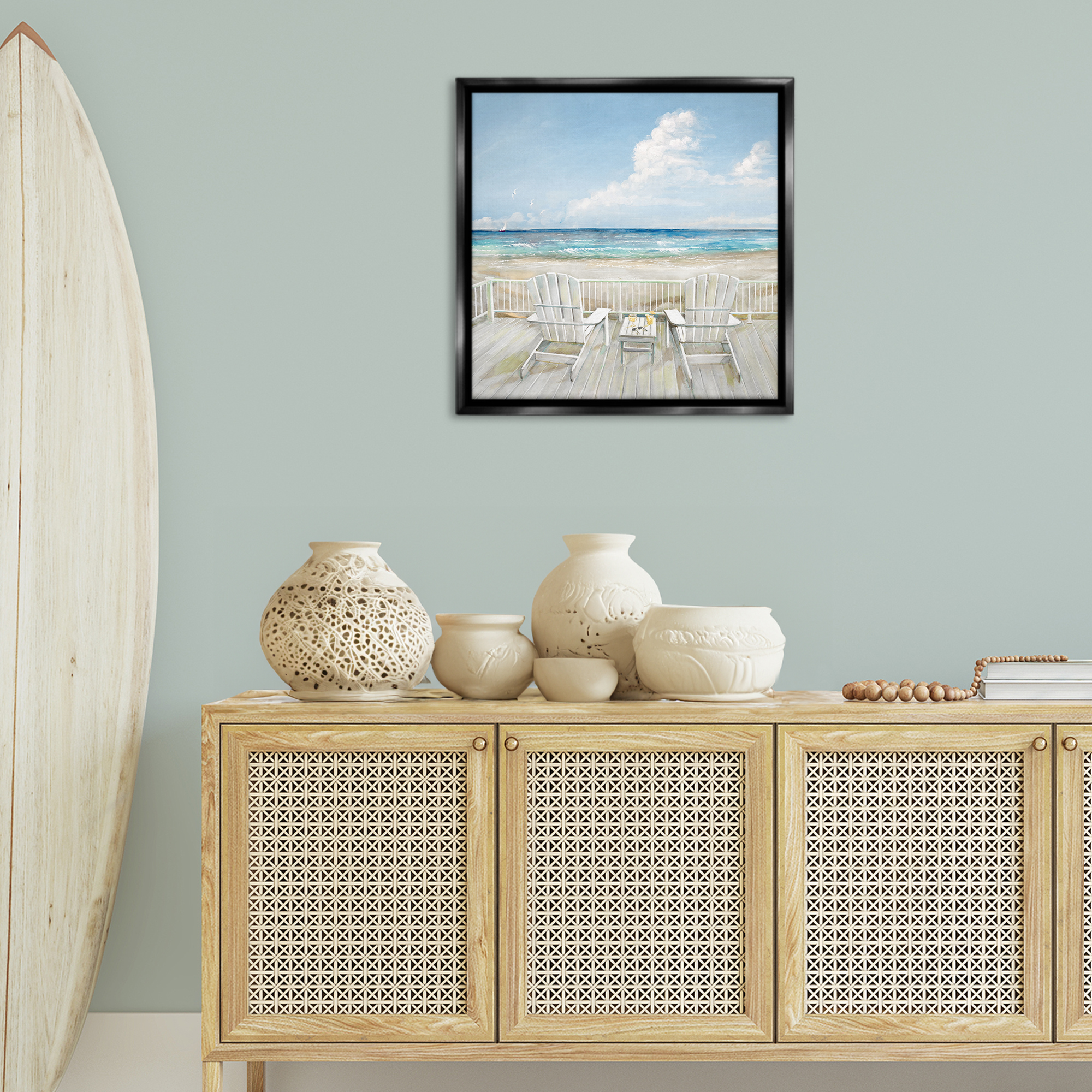 Stupell Industries Seats Overlooking Beach Nautical & Beach Painting Black Floater Framed Canvas Art Print Wall Art, 25 x 25
