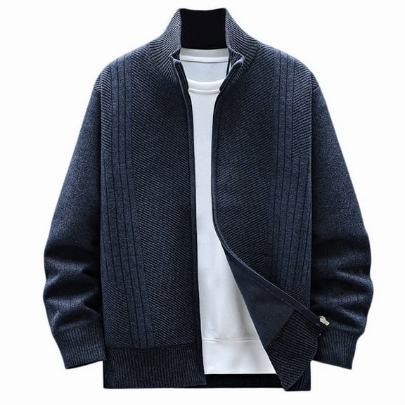 YFNNUP Big and Tall Sweaters for Men Fleece Lined Full Zip Up Jacket Dressy Stand Collar Knited Work Outwear Fall Winter Soild Color Sweater Dark Blue