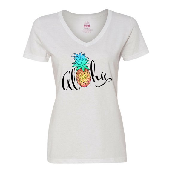 Inktastic Aloha- in Cursive with Pineapple Rainbow Colors Women's V-Neck T-Shirt